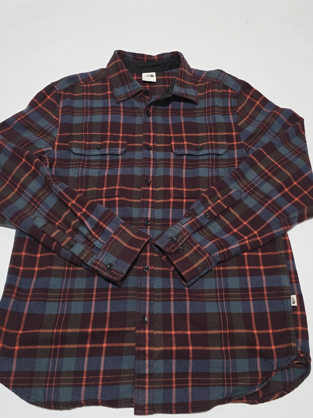 The North Face Arroyo Flannel Shirt Men's L Plaid Burgundy Blue Button Up